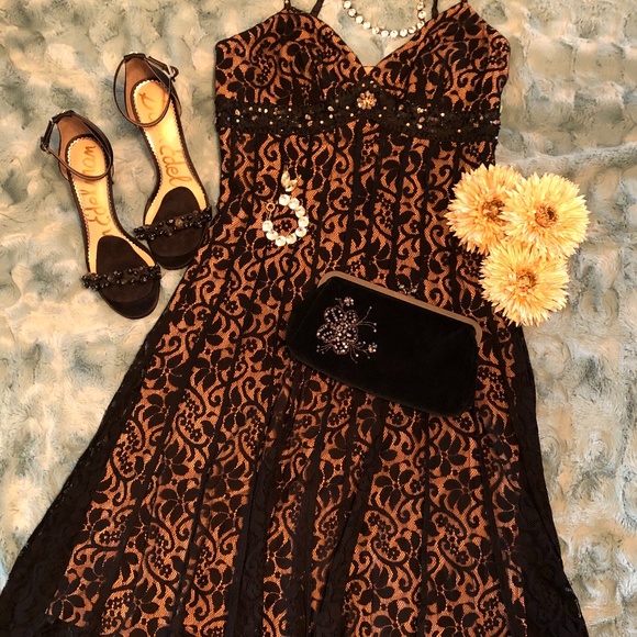 MixIt Black Black Tan Lace Beaded Cocktail Dress - Picture 1 of 4